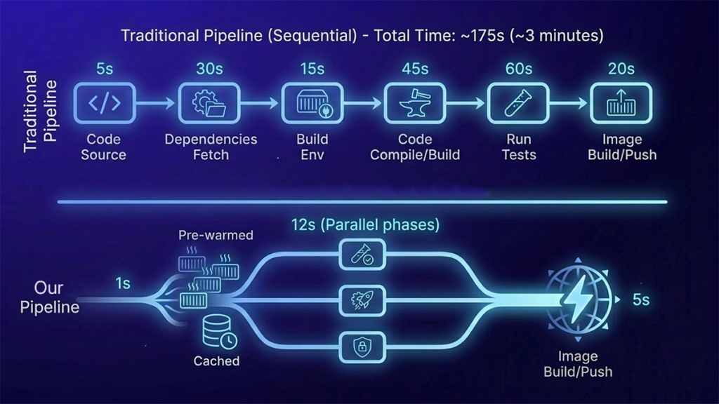 Traditional deployments run sequentially. Riftbase parallelizes everything